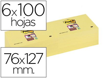 6 blocs 90 notas adhesivas Post-it Super Sticky 76x127 mm. amarillo